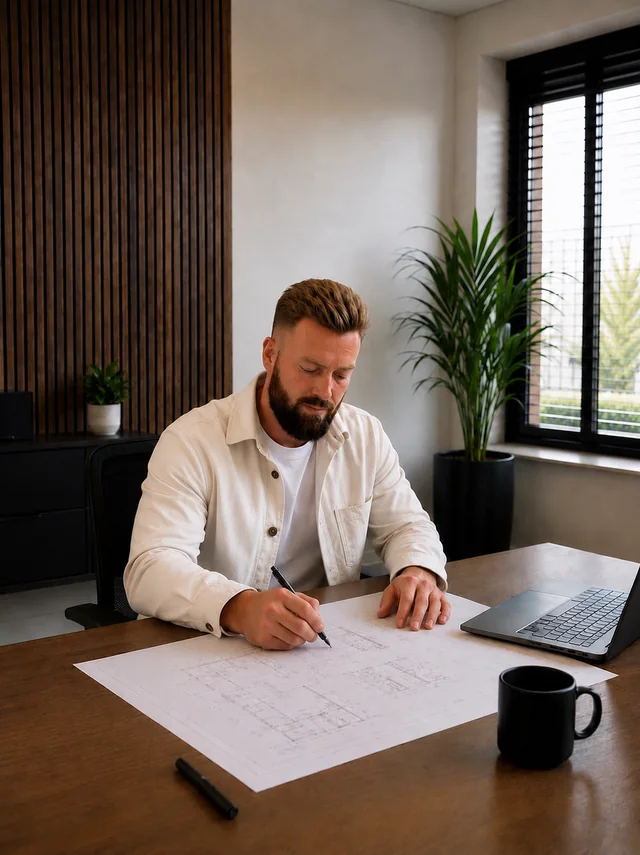 Stefan van Velde Planadvies werkt aan een bouwkundige tekening